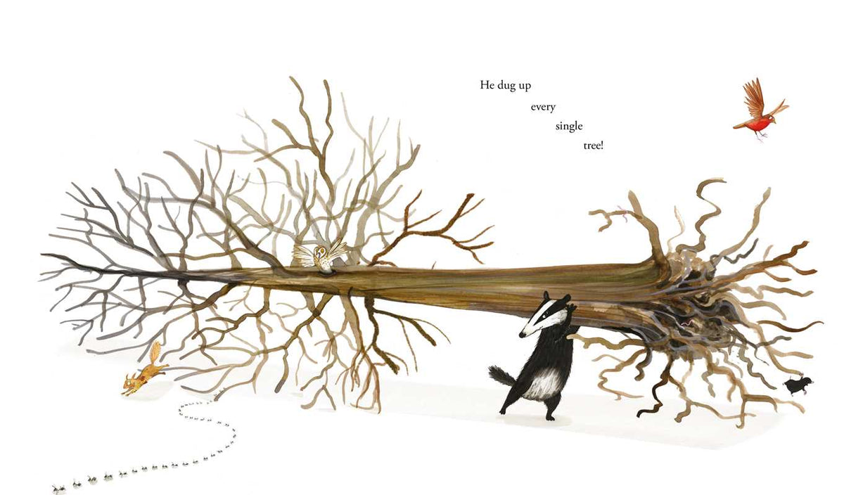 Illustration of a badger pulling a large tree branch with text above