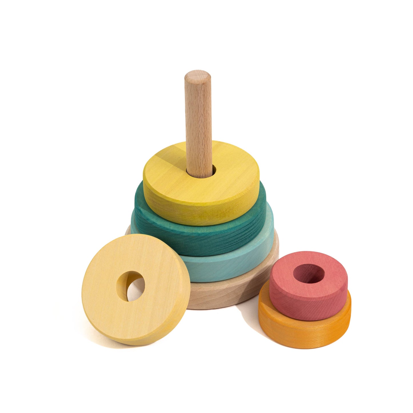 Colorful wooden stacking toy on a white background