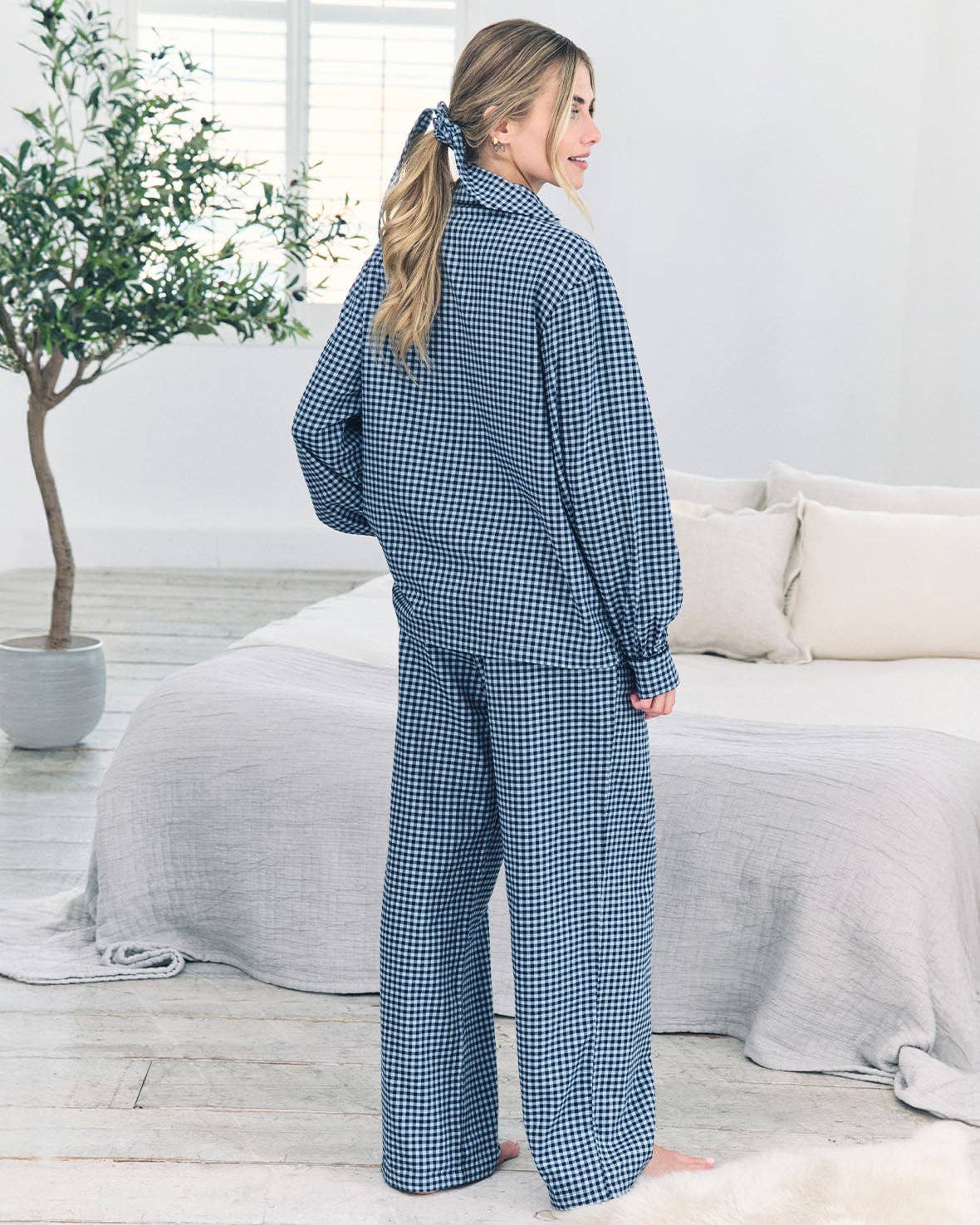 Organic Cotton Gingham Check Long Pyjama Set - Blue