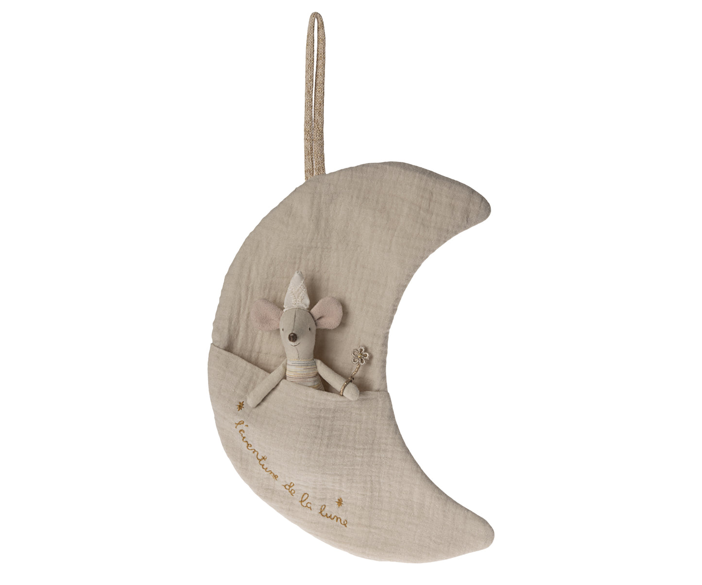 Decorative moon-shaped pocket with a plush toy mouse fairy on a white background
