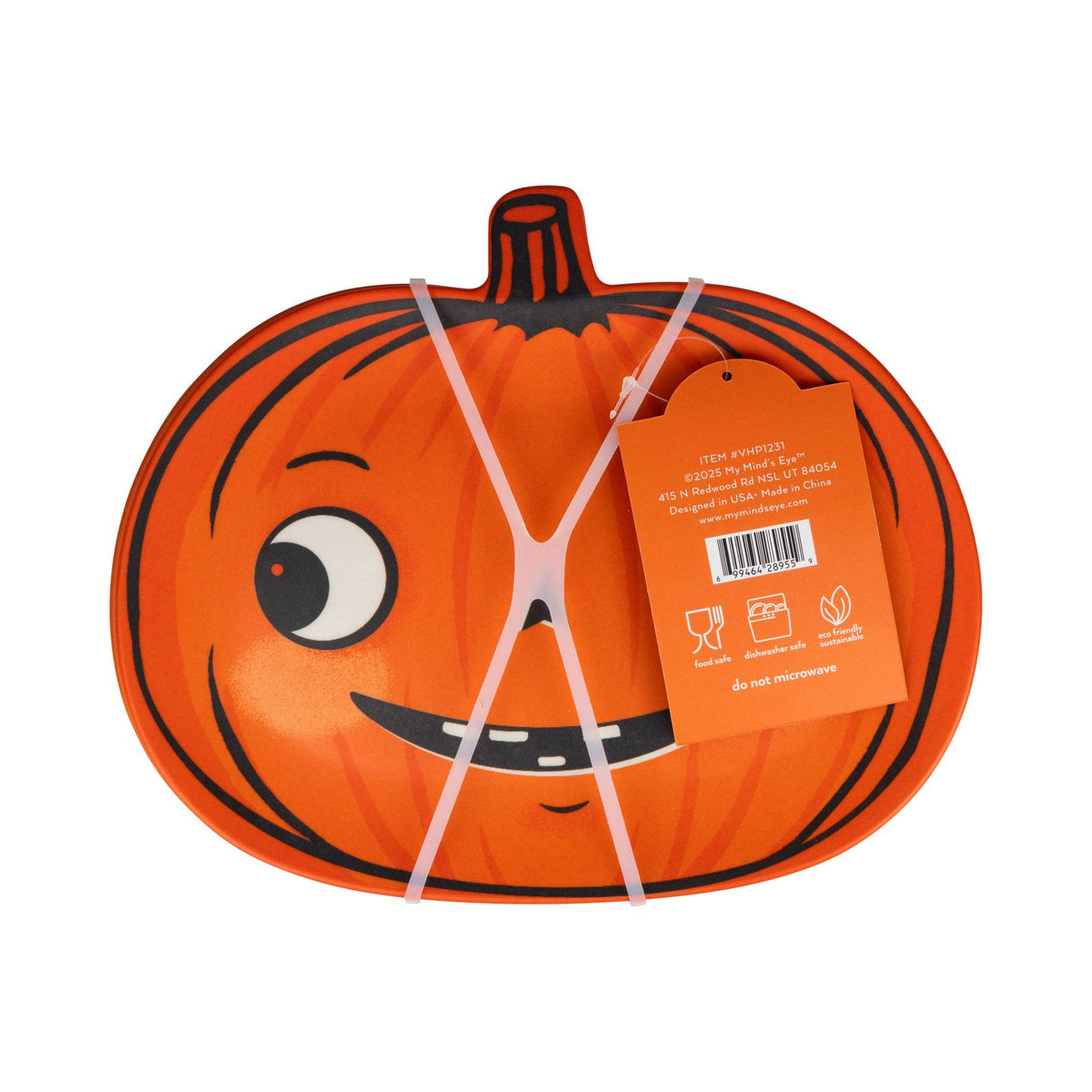 Pumpkin-shaped product with a face design and a tag on a white background