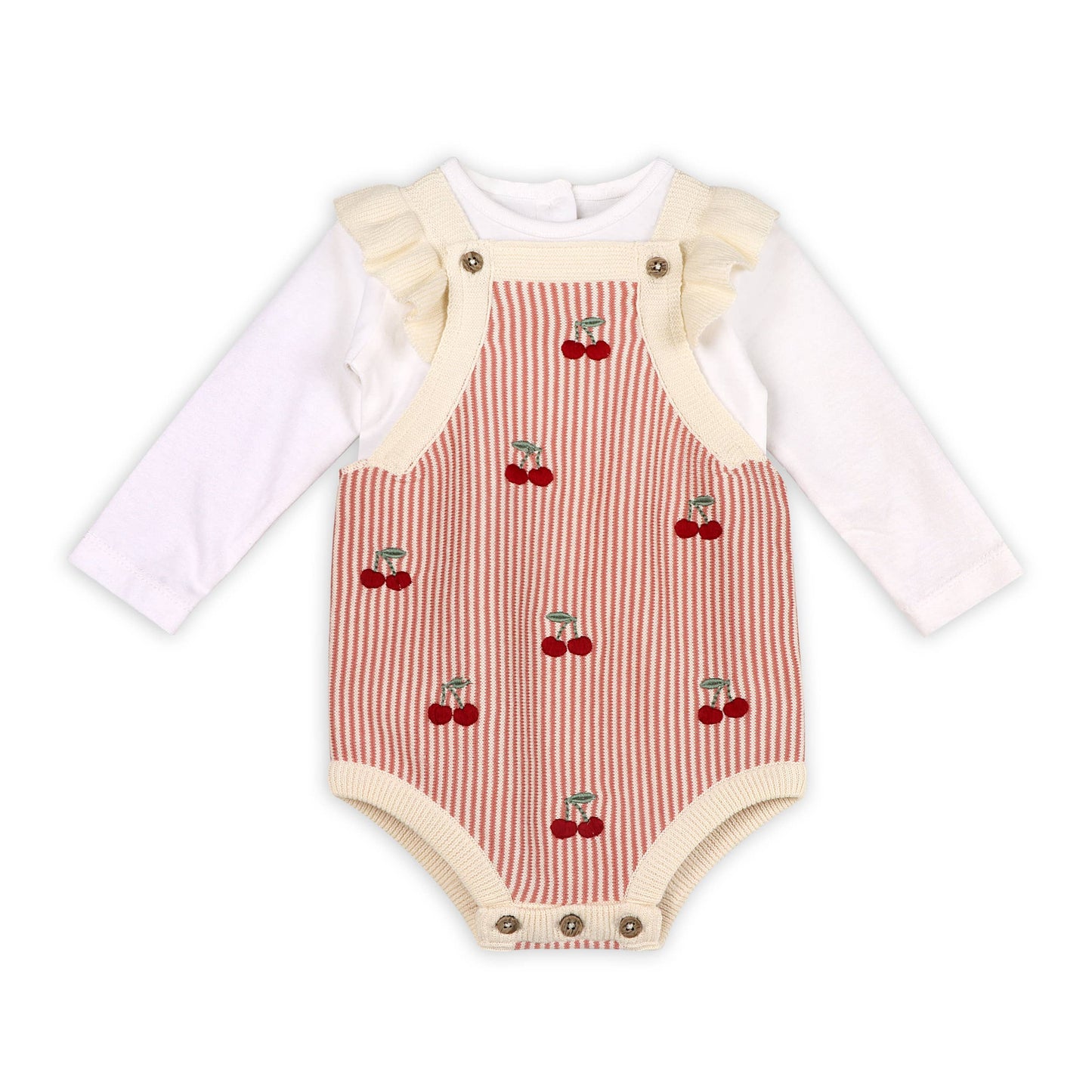 Cherry Stripe Embroidered Baby Ruffle Romper Set (Organic)