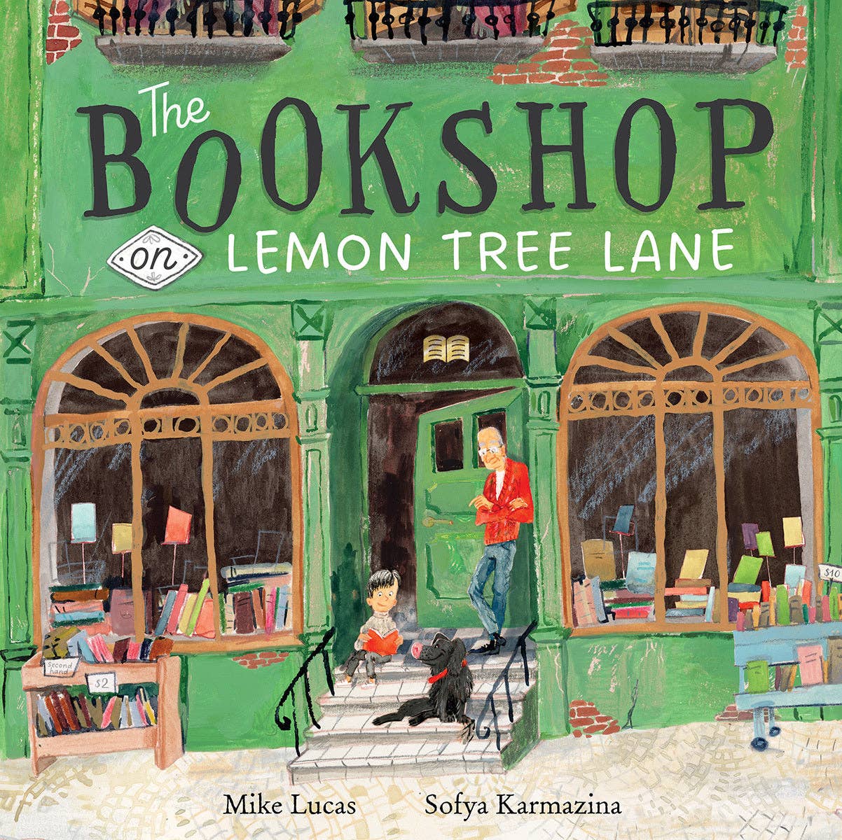 Illustrated book cover of 'The Bookshop on Lemon Tree Lane' with a green bookshop facade.