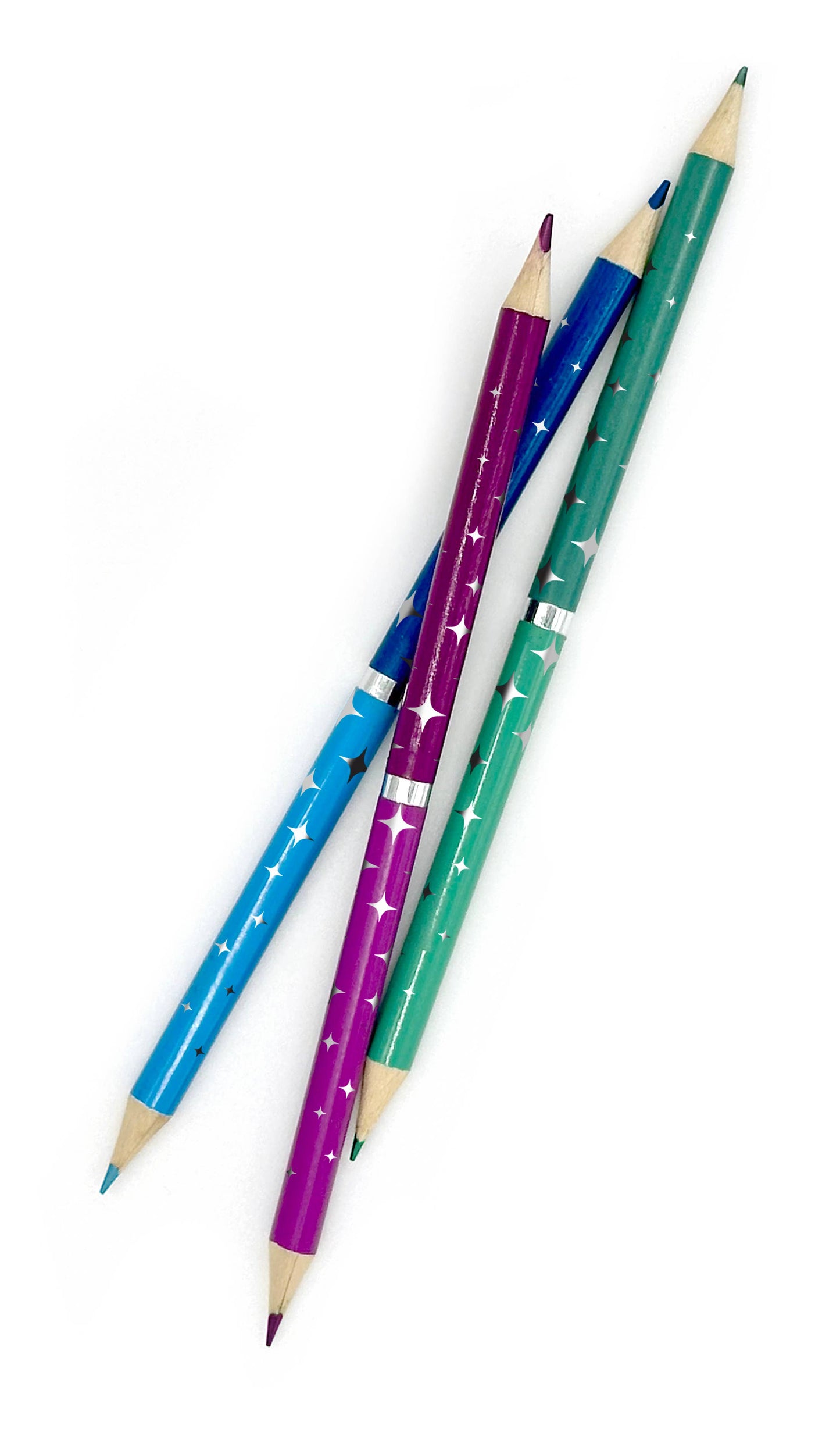 Colorful pencils with star patterns on a white background