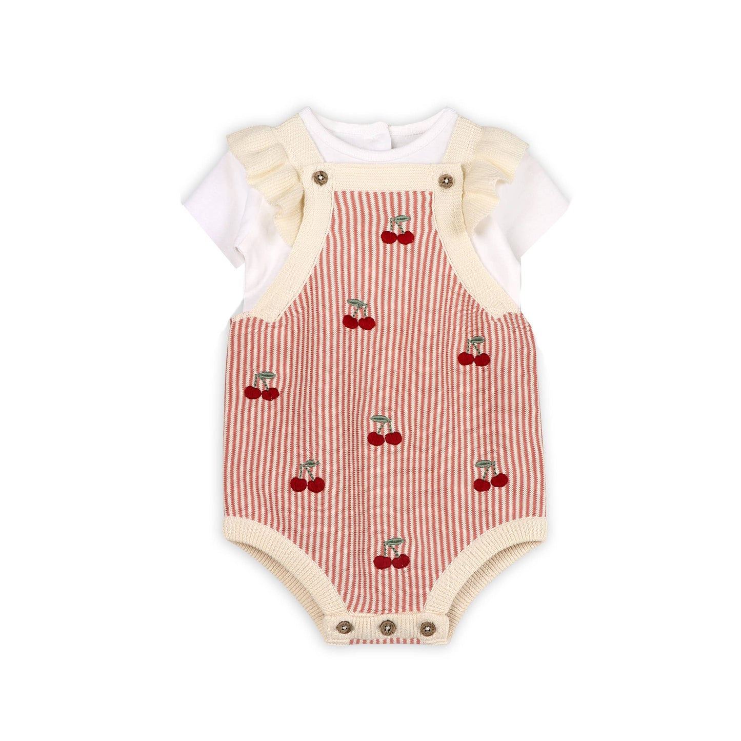 Cherry Stripe Embroidered Baby Ruffle Romper Set (Organic)