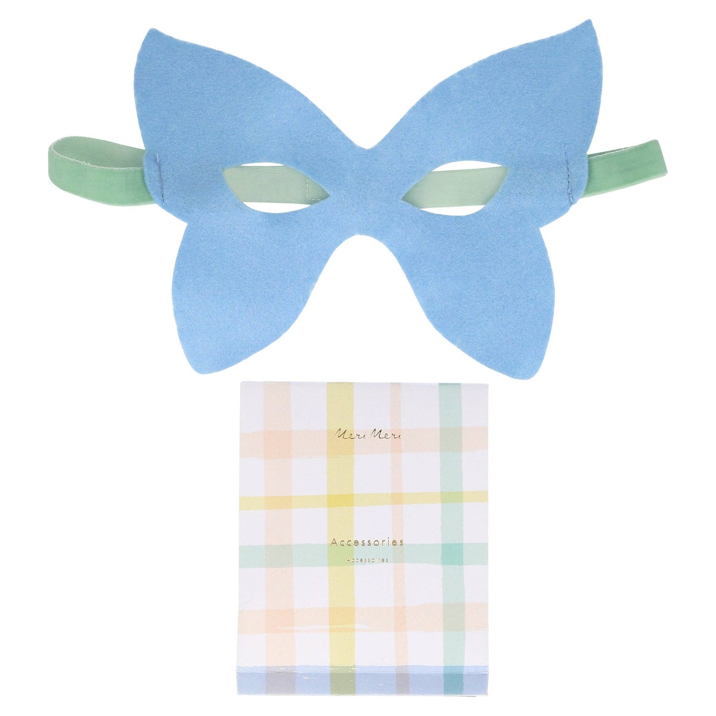 Blue butterfly mask and plaid package with 'Meri Meri' branding.