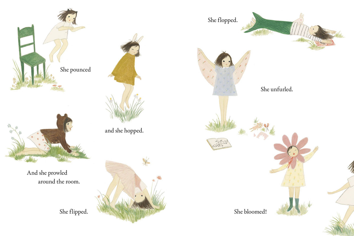 Picture book illustration featuring different drawing of Eleanor doing different actions like hopping, flopping, and flipping.