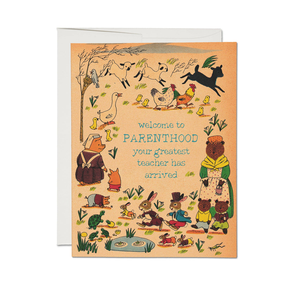 New baby card with the text, "Welcome to Parenthood. Your greatest teacher as arrived." The card is orange with animal illustrations by Richard Scarry.