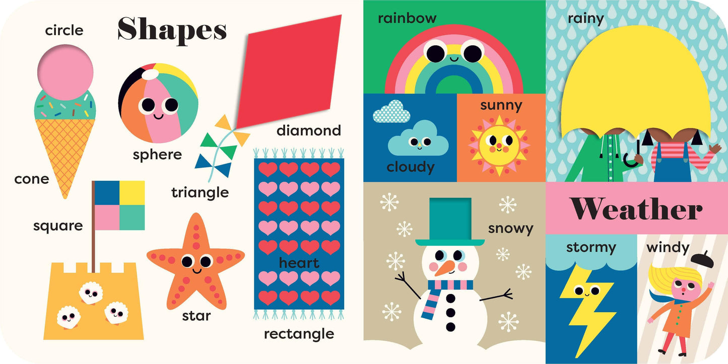 interior pages of book showing a page on shapes and a page on weather
