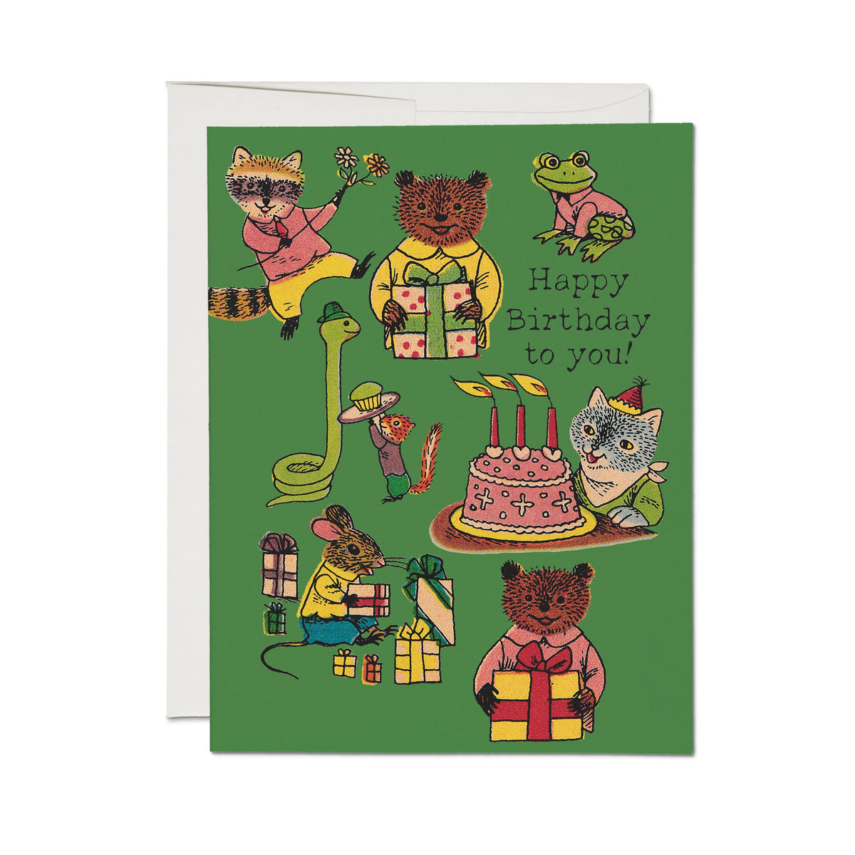 Green Birthday card with animal illustrations shown with a white envelope
