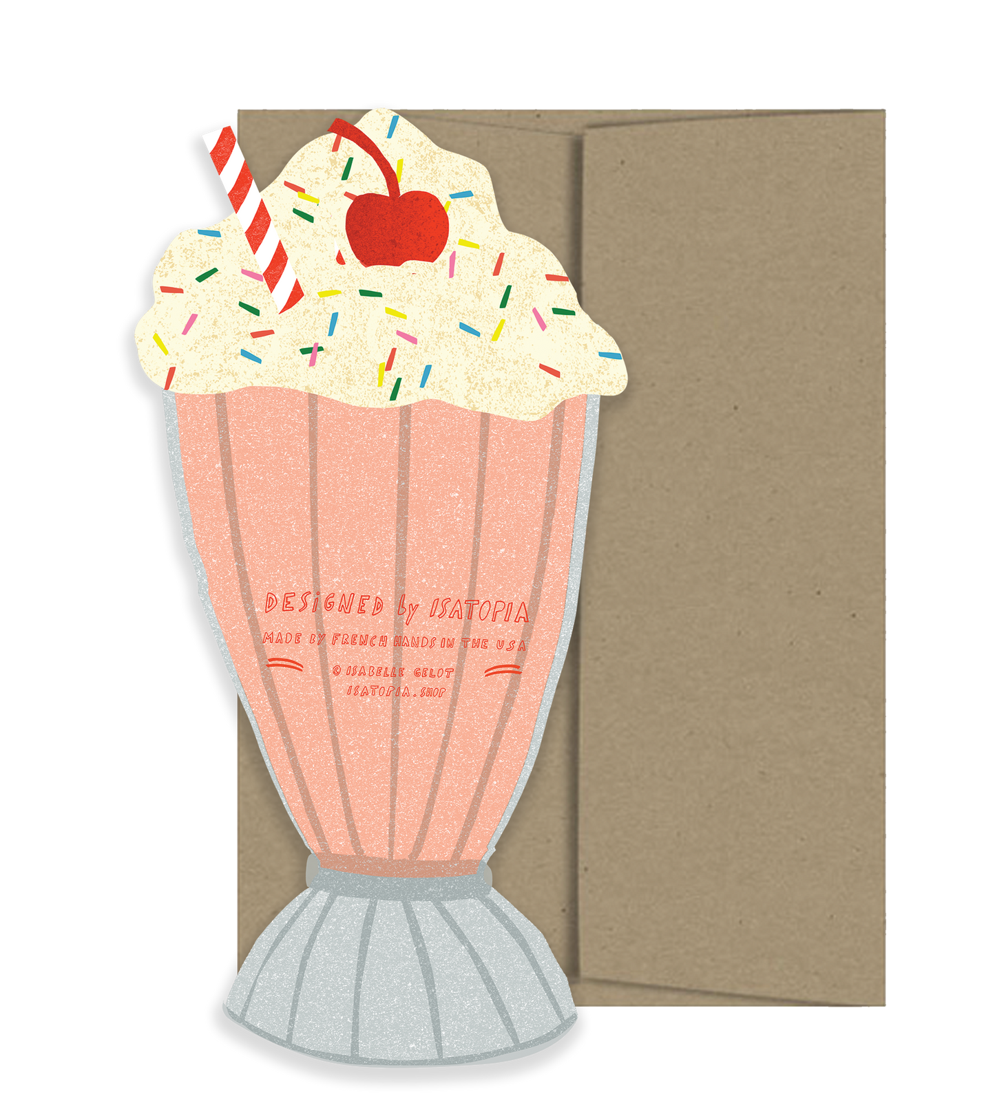 Card with a design of a pink milkshake with a cherry on top and sprinkles, on a white background.