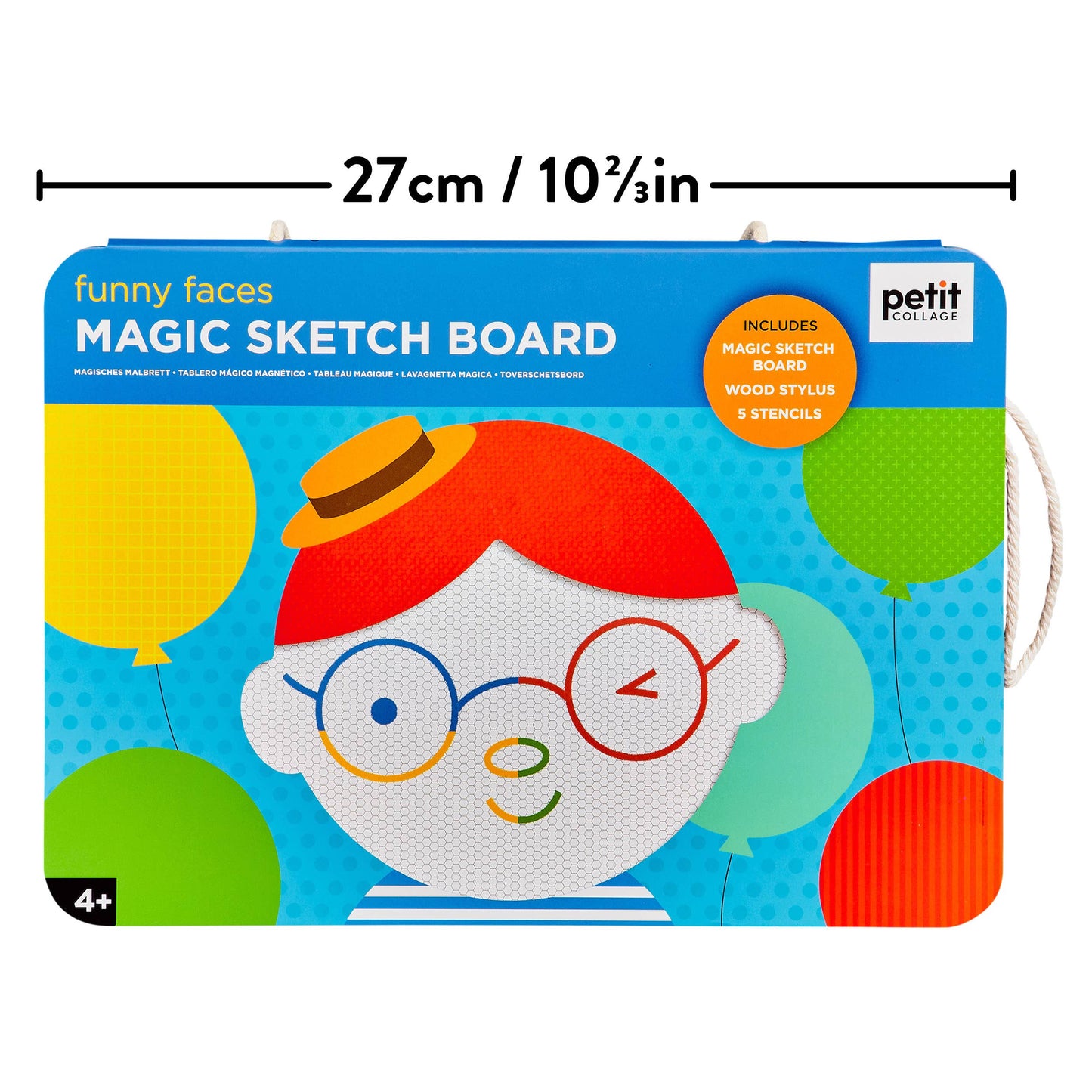 Magic sketch board packaging with a cartoon face design and dimensions indicated.
