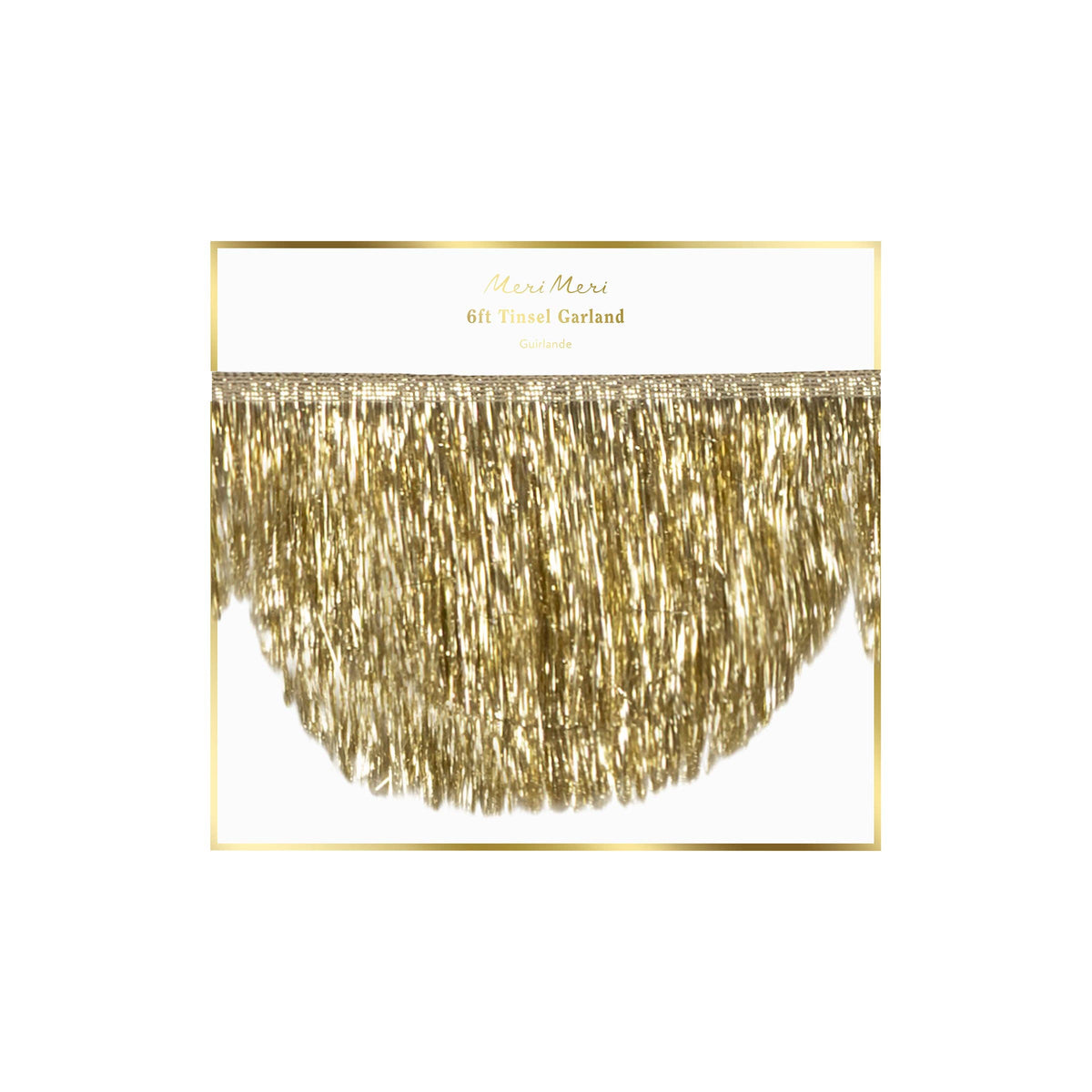 Gold tinsel garland on a white background with 'Meri Meri' branding.