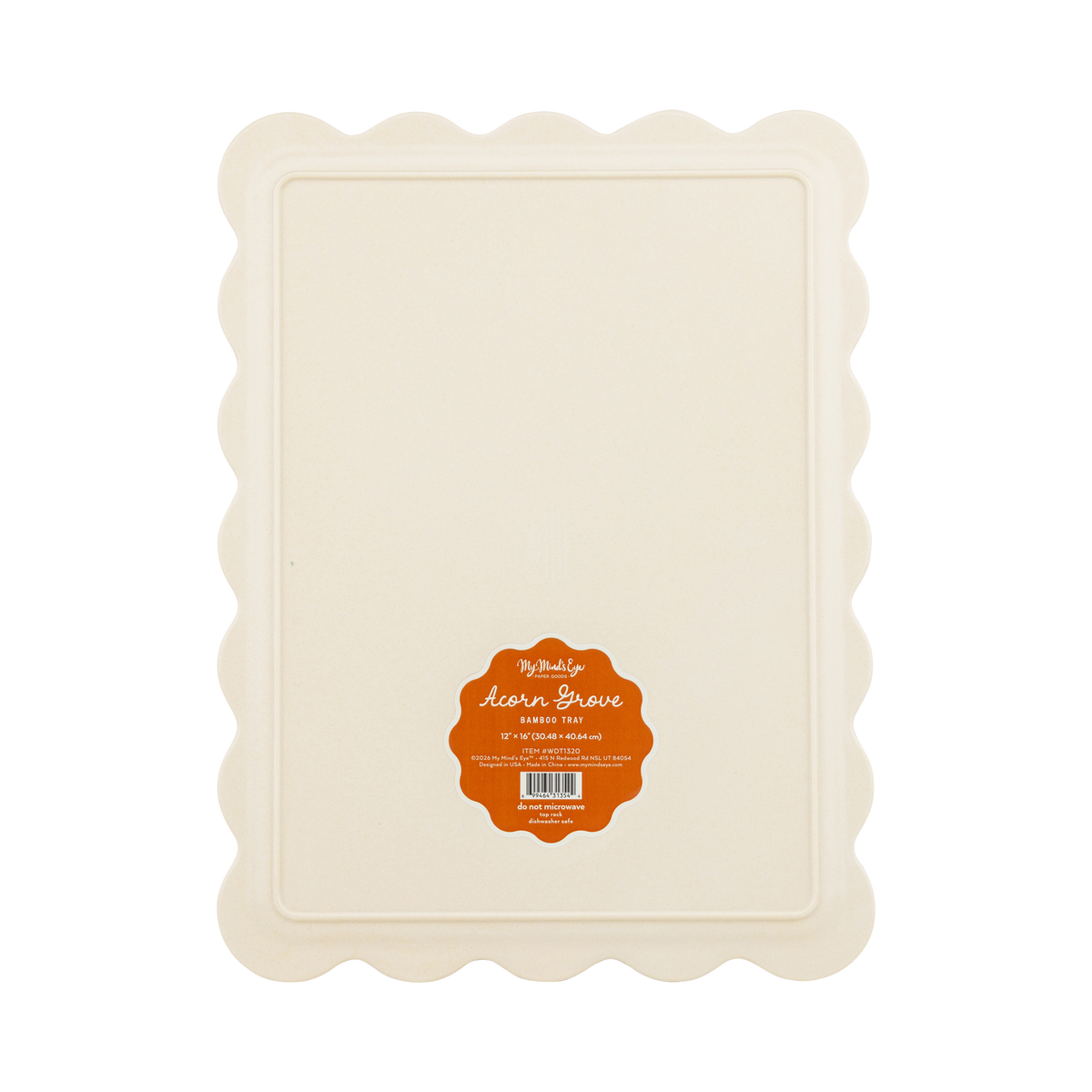 Back of beige tray with scalloped edges and a label on a white background