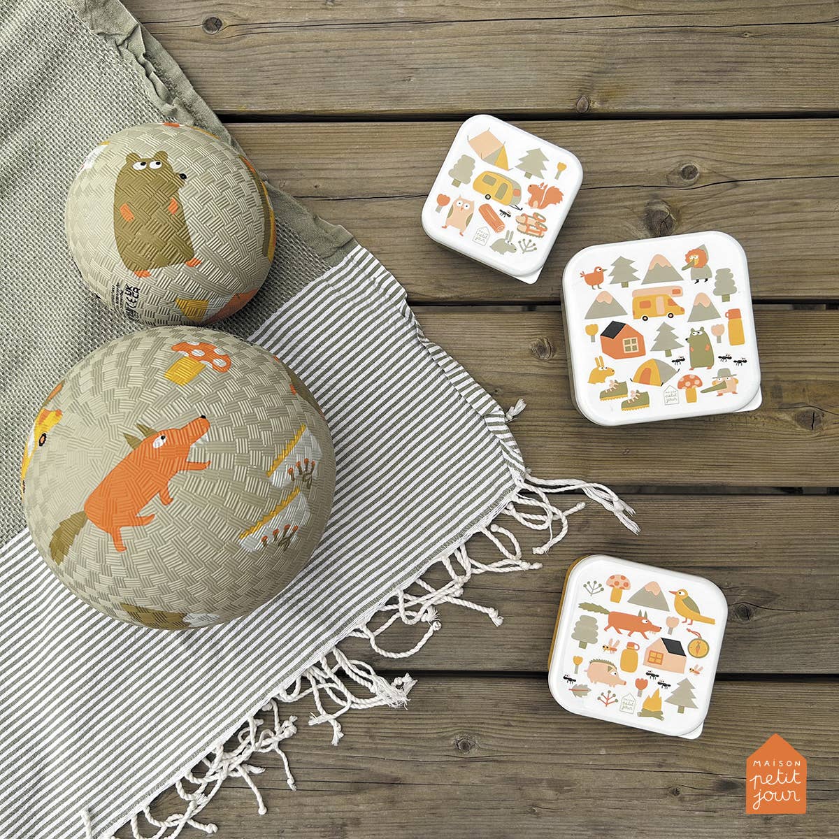 Two balls with animal designs on a striped towel and wooden surface, accompanied by boxes with nature-themed illustrations.
