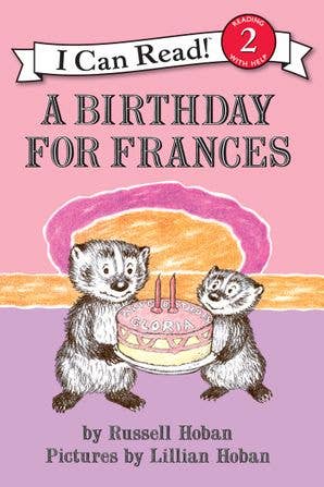 Book cover of 'A Birthday for Frances' with two animals and a cake on a pink and purple background.