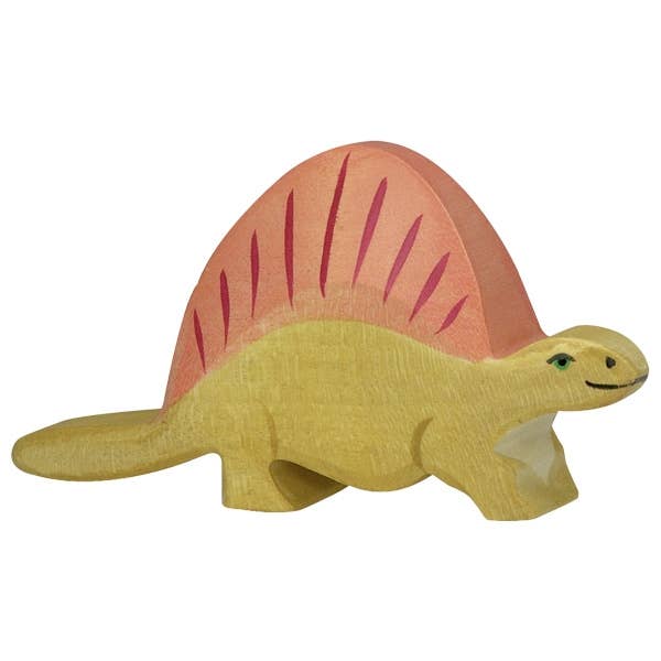 A toy figure of a Dimetrodon, a prehistoric reptile, made out of maple and beech wood and painted with watercolors.