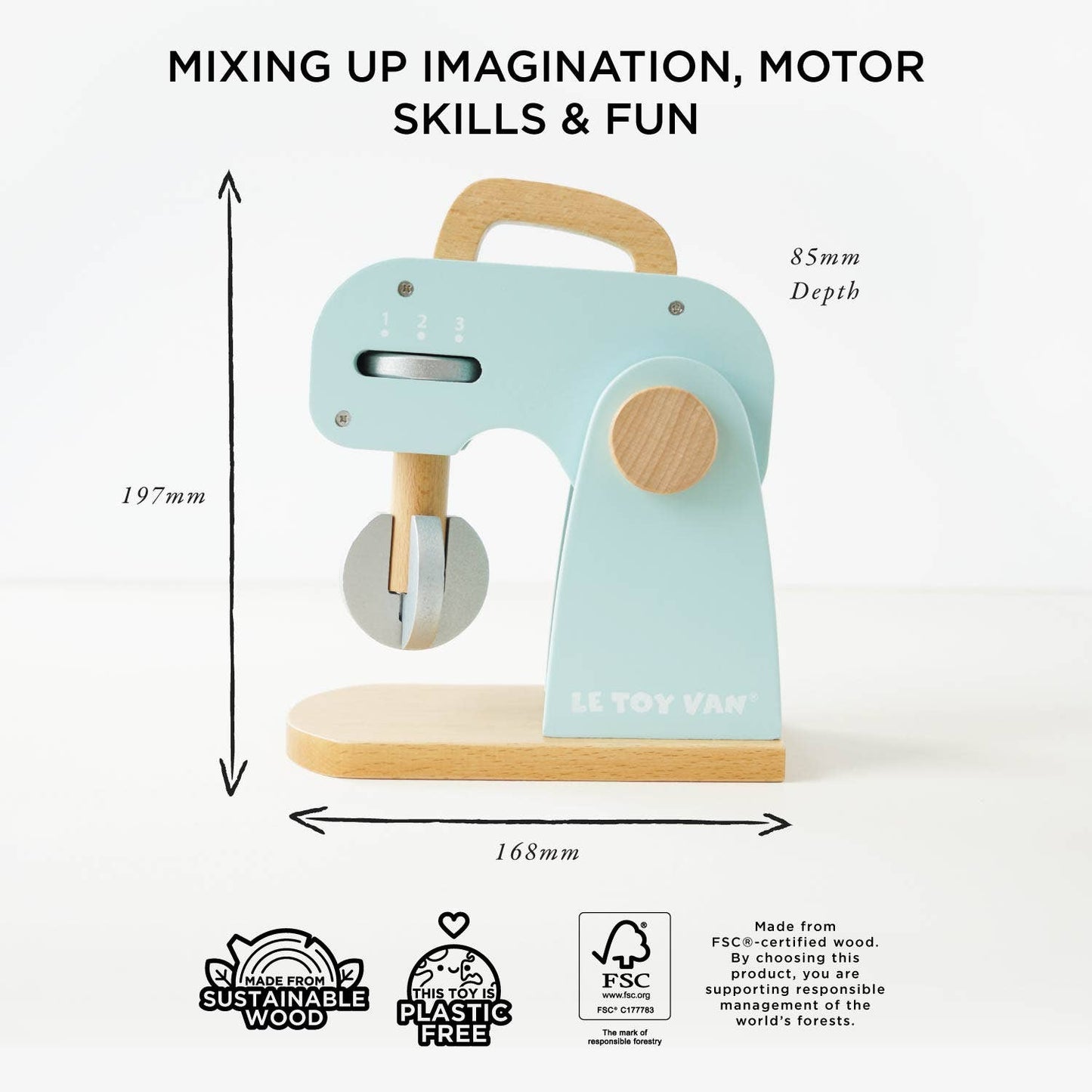 Wooden toy mixer with measurements and branding on a white background