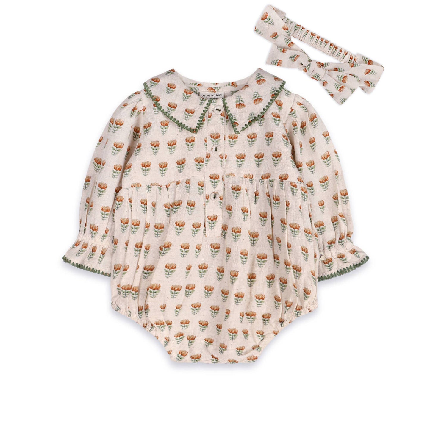 Nira Block Print Floral Baby Romper & Headband (Linen Blend)