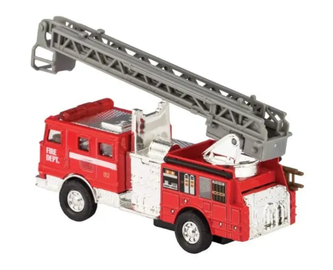 A 5-inch diecast model of a fire engine with an all-ladder design, predominantly red with white and gray accents, and gray ladders.