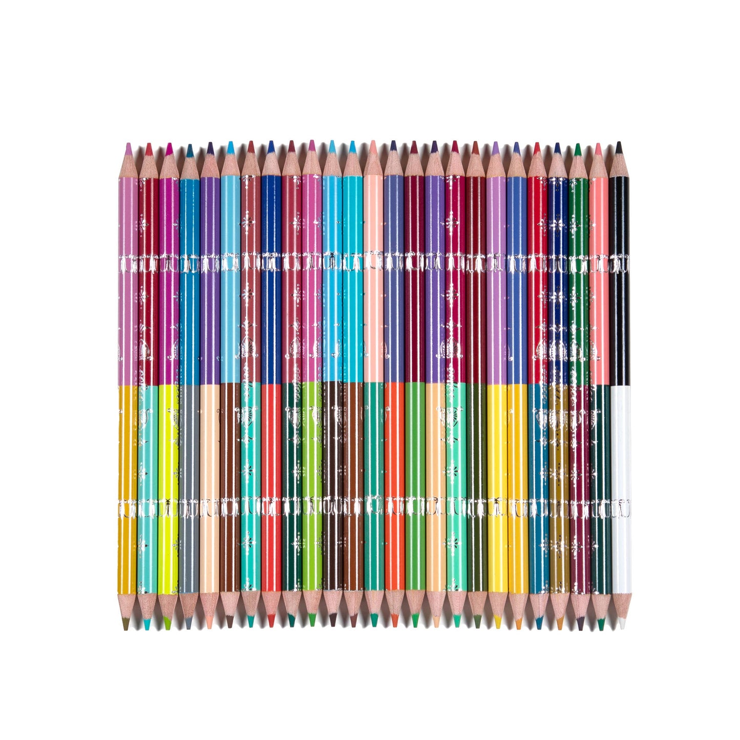 Set of colored pencils in various colors arranged in a grid on a white background