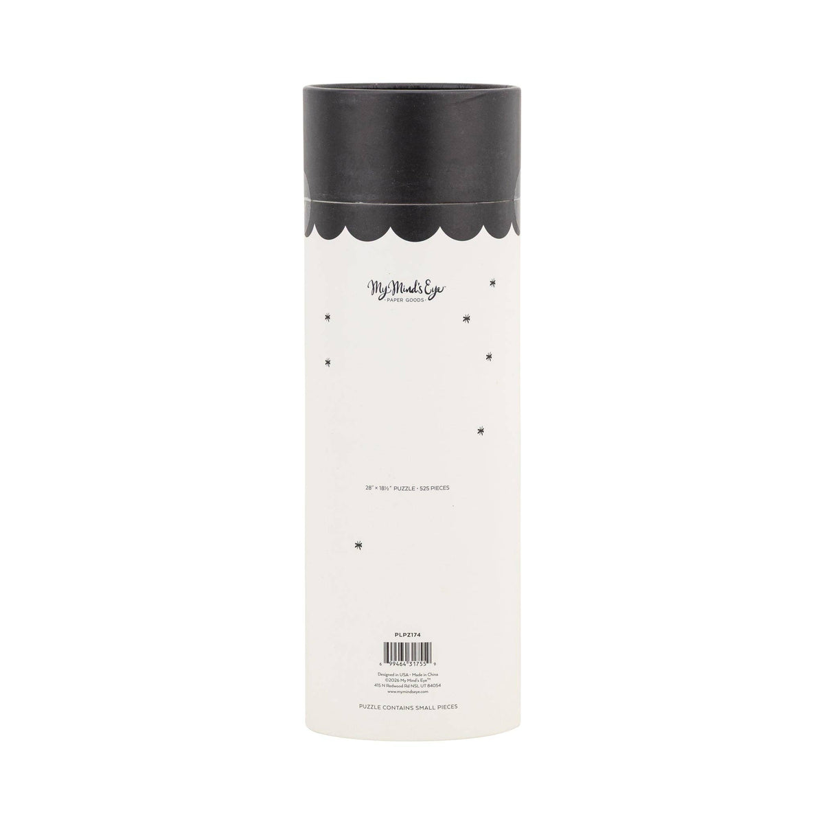 A tall cylindrical product box with a black top and a white body, featuring the brand name 'My Mind's Eye' and small black star-like dots on a plain white background.