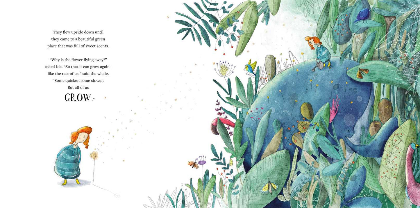 Illustrated page from a children's book with a character looking at a large blue whale among plants.