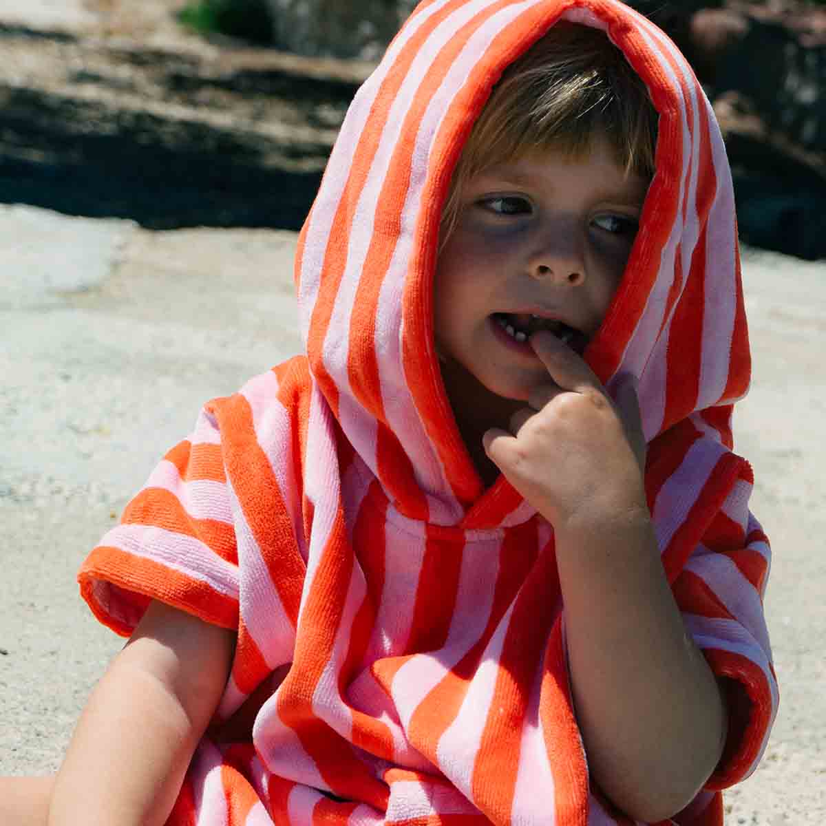 Kids poncho suzon stripes pink/tomato