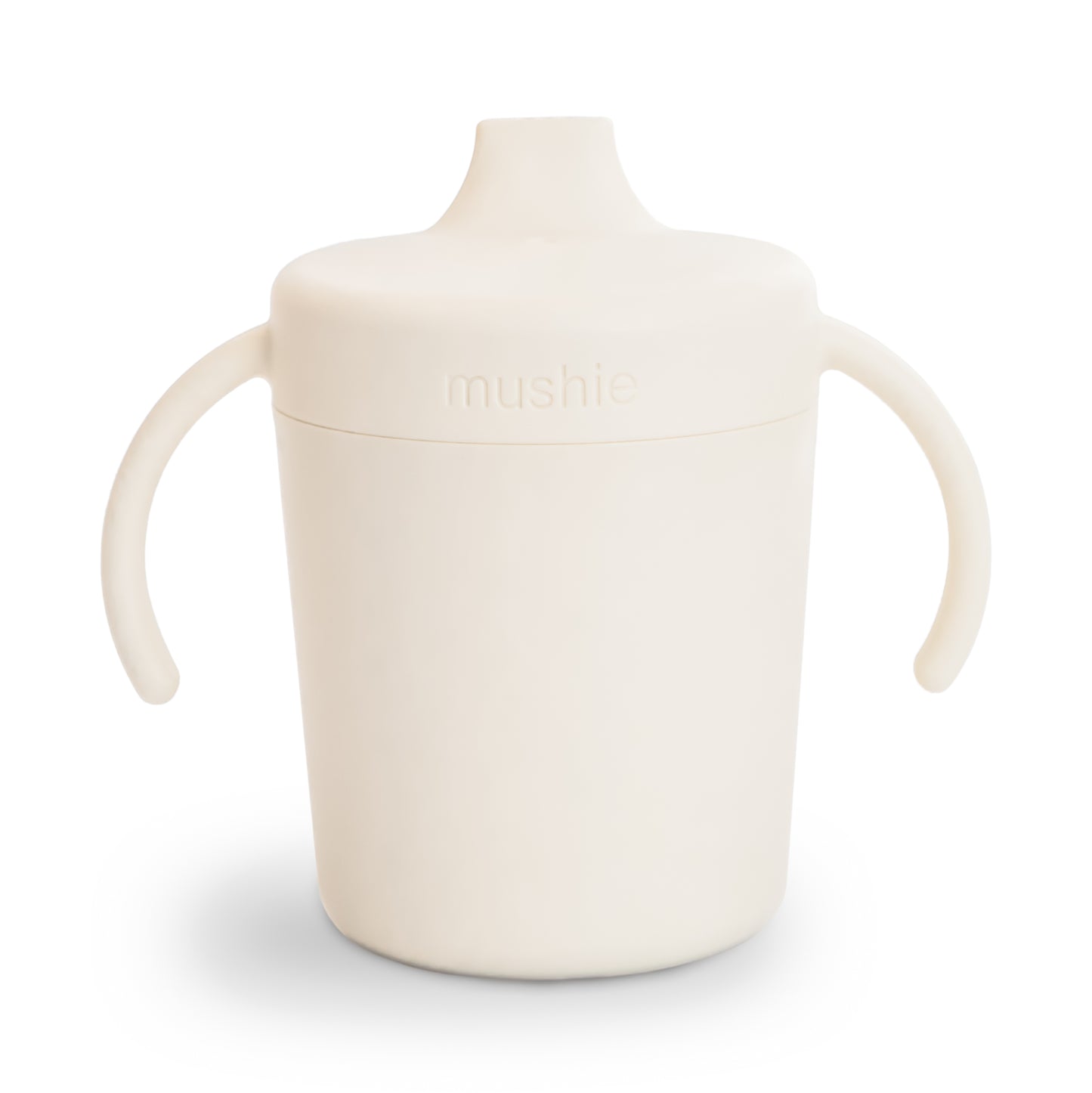 Ivory sippy cup with handles on a white background