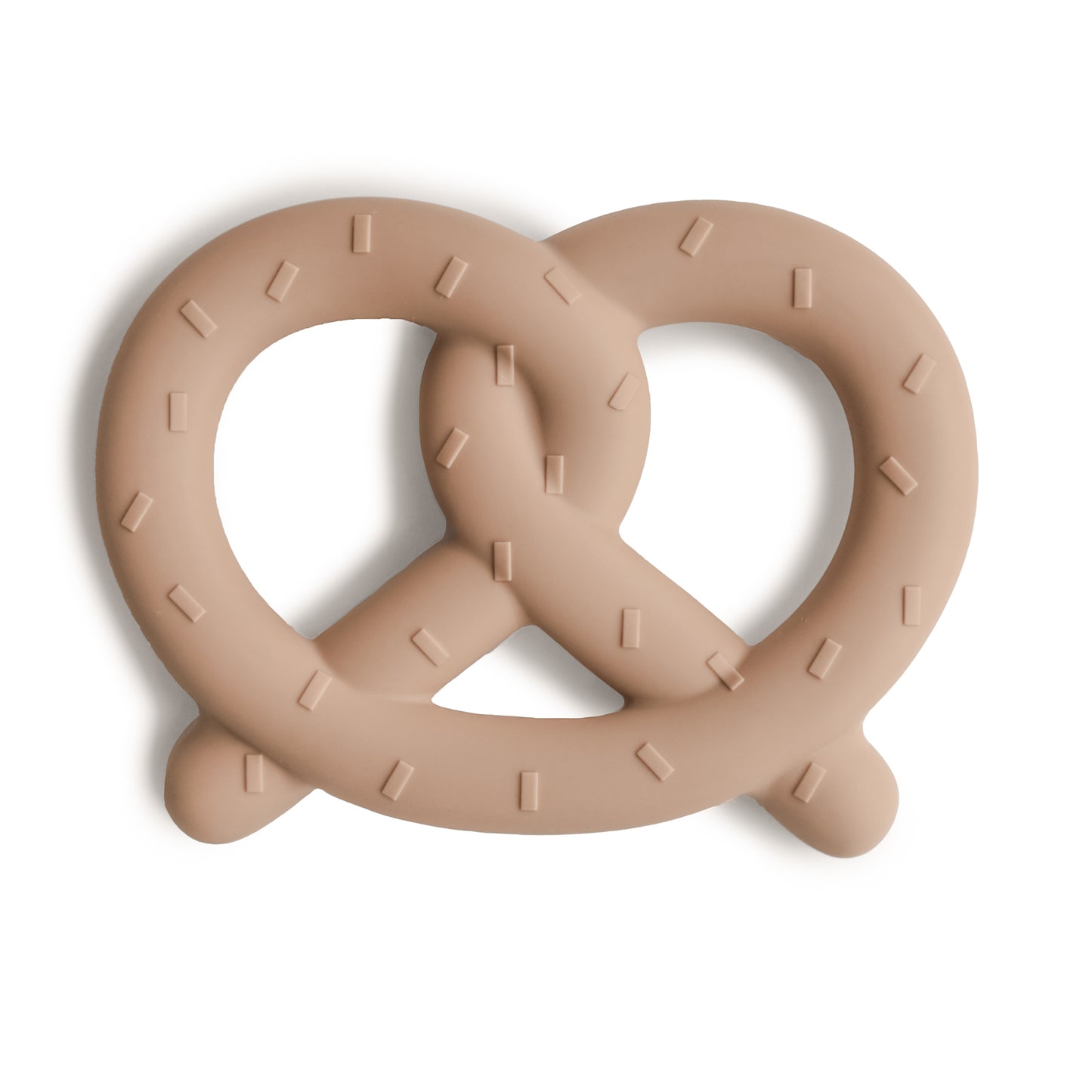Beige pretzel-shaped teething toy on a white background