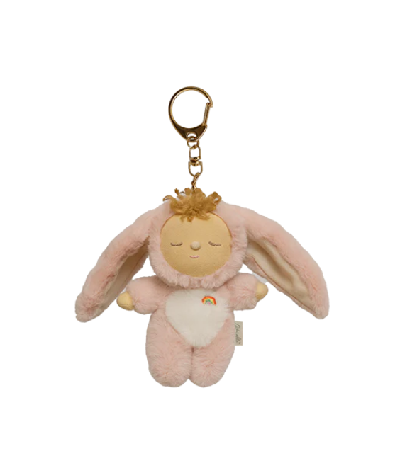 Plush keychain with a baby in a bunny costume on a white background