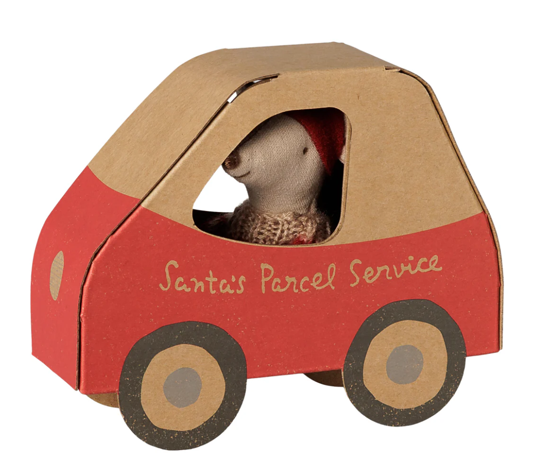 Maileg, little sister mouse sitting in cardboard toy car box with the text "Santa's Parcel Service" on it