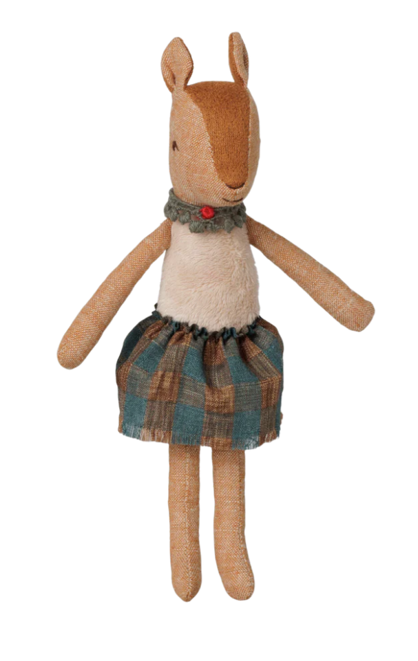 Maileg reindeer mother wearing a green collar with a red berry, and a teal and brown plaid skirt