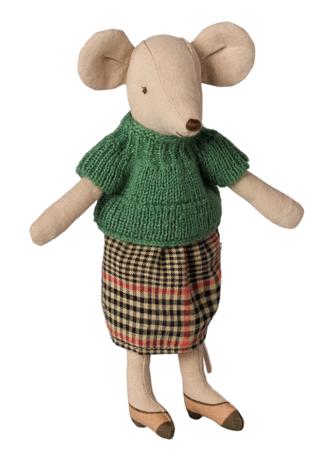 Maileg Grandma mouse is dressed in a beautiful green knitted blouse and checked skirt.