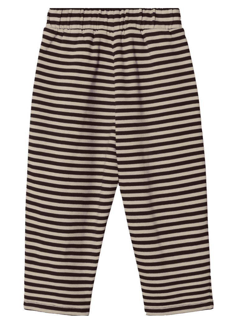 Back view of brown and ivory striped pants with elastic waist on a white background