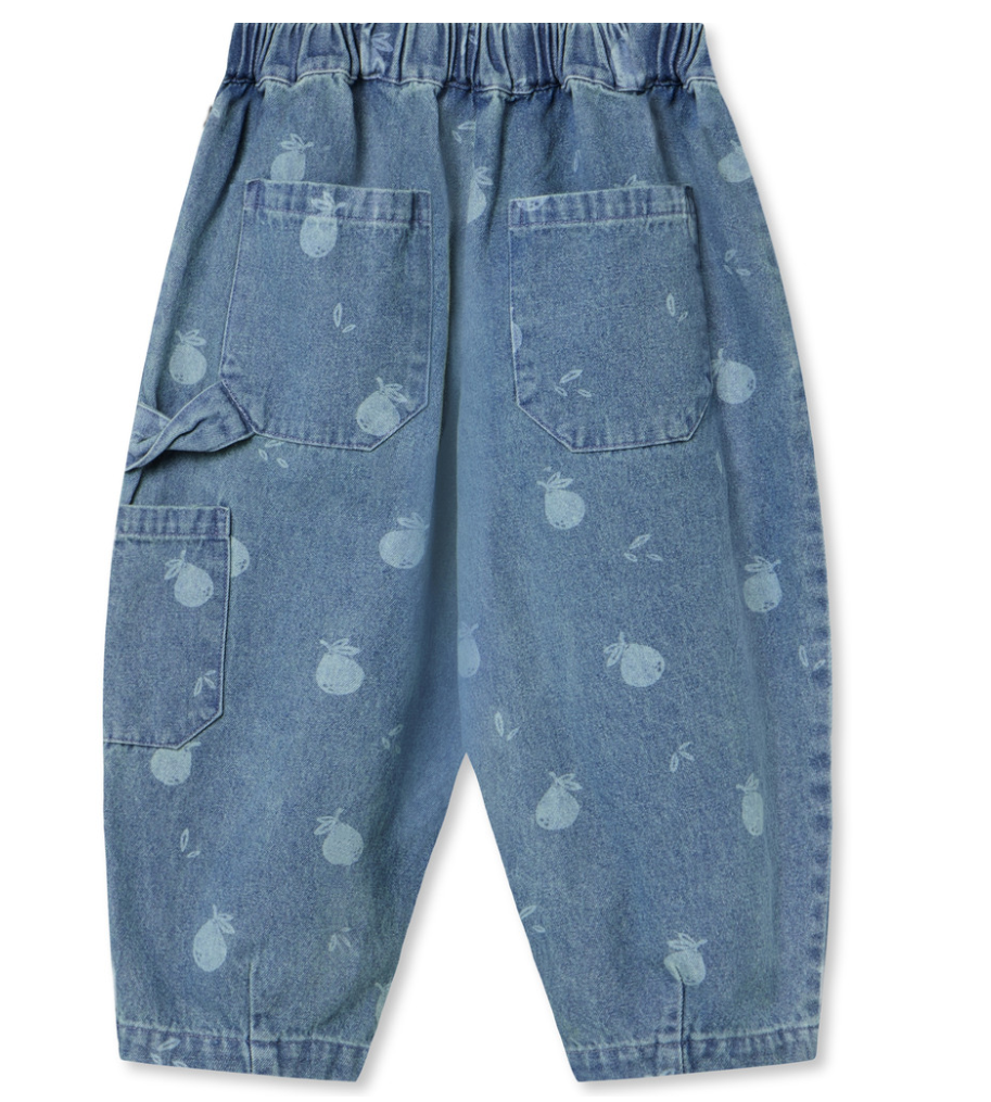 Children's elastic waist denim pants in medium blue denim with apple design - back view