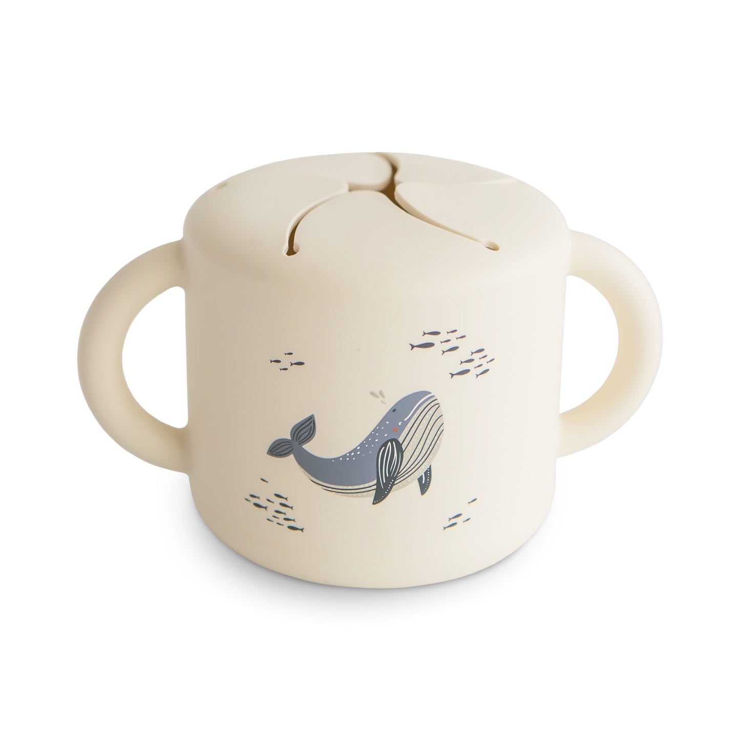 Children's handled snack cup with whale design on a white background