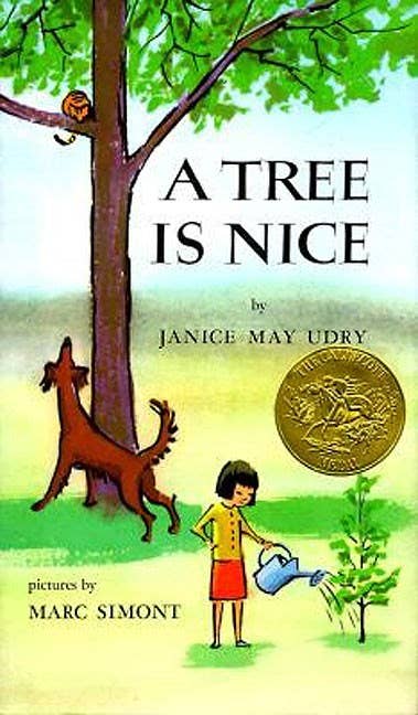 Book cover of 'A Tree is Nice' by Janice May Udry with a child watering a tree and a dog looking up at a squirrel in a tree.