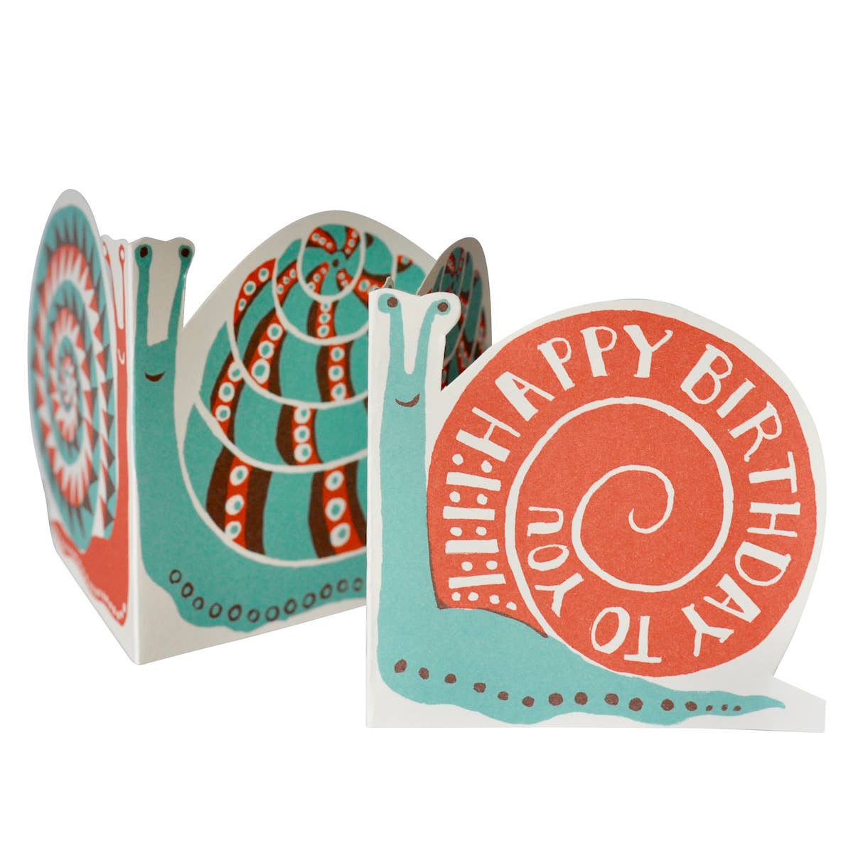 A set of foldy concertina greeting cards with a snail design, featuring colorful patterns and a 'Happy Birthday' message on one of the cards.
