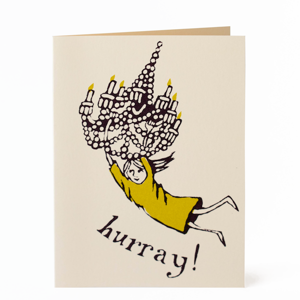 Card with illustration of child with long hair swinging from a chandelier playfully with the words "Hurray!"