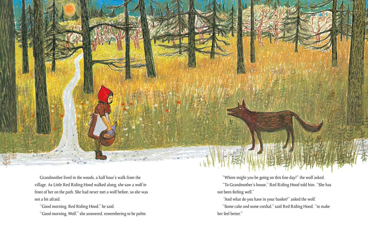 Illustration from a children's book showing Red Riding Hood and the wolf in a forest.