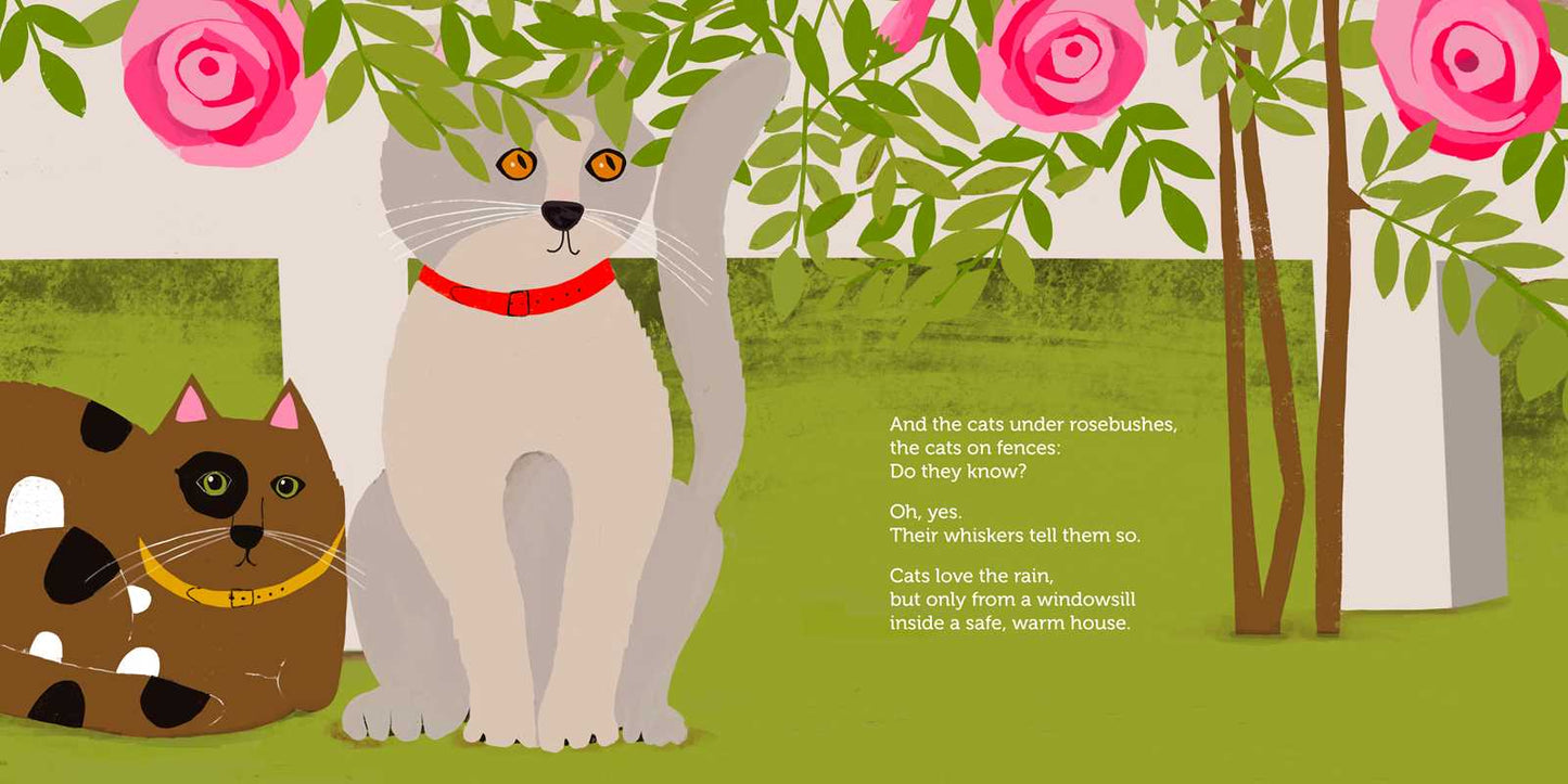 Illustration of two cats with a green background and floral elements