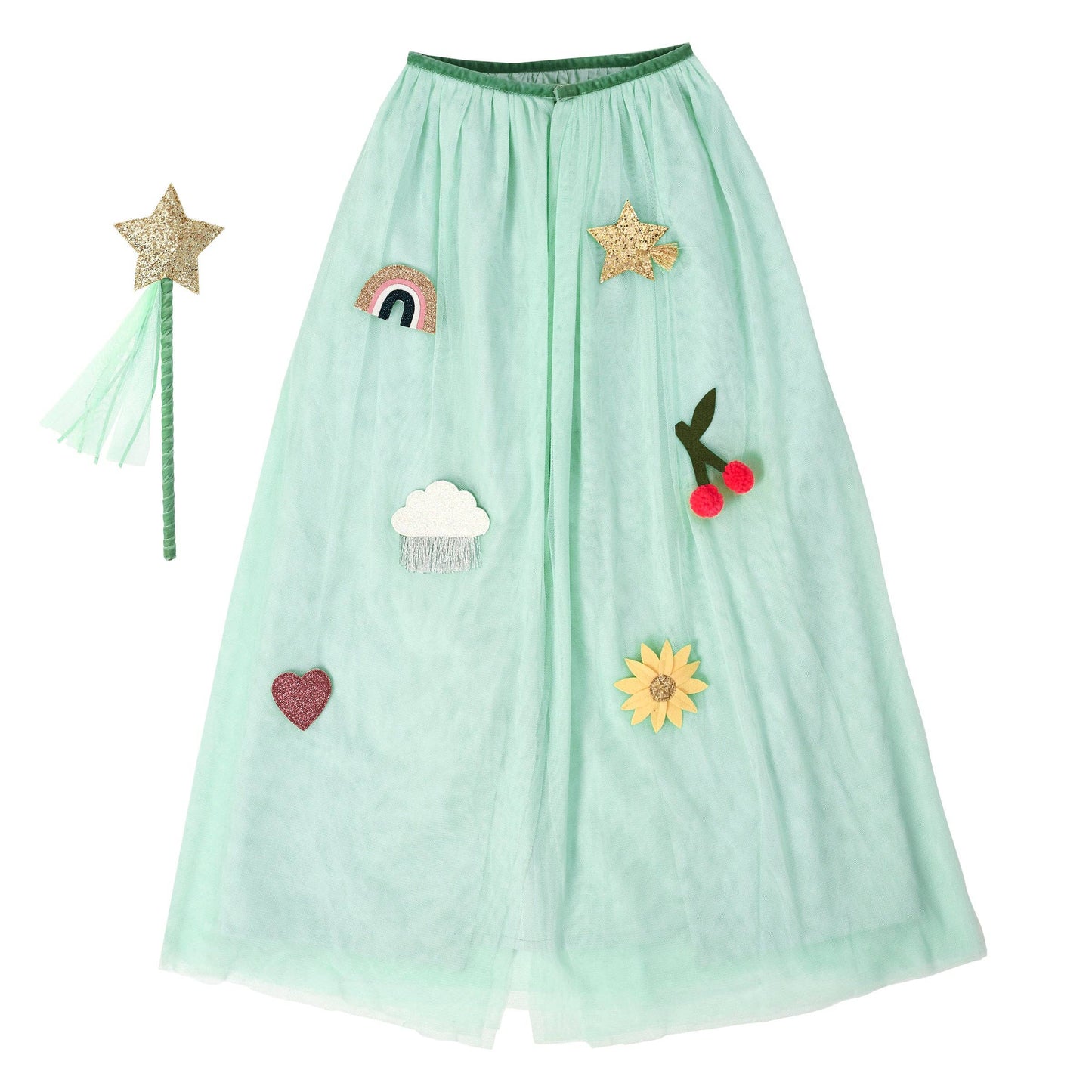 Light green fairy cape with various appliqués and a wand on a white background