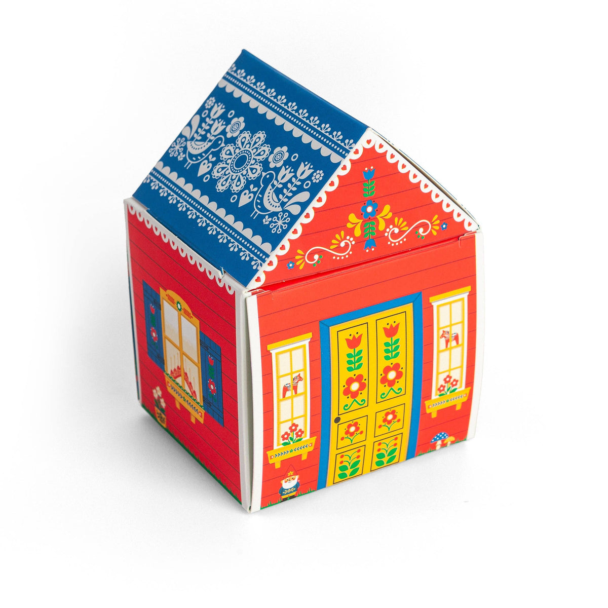 The Gnome's Cottage red cottage gift box with folk-art roof and yellow door