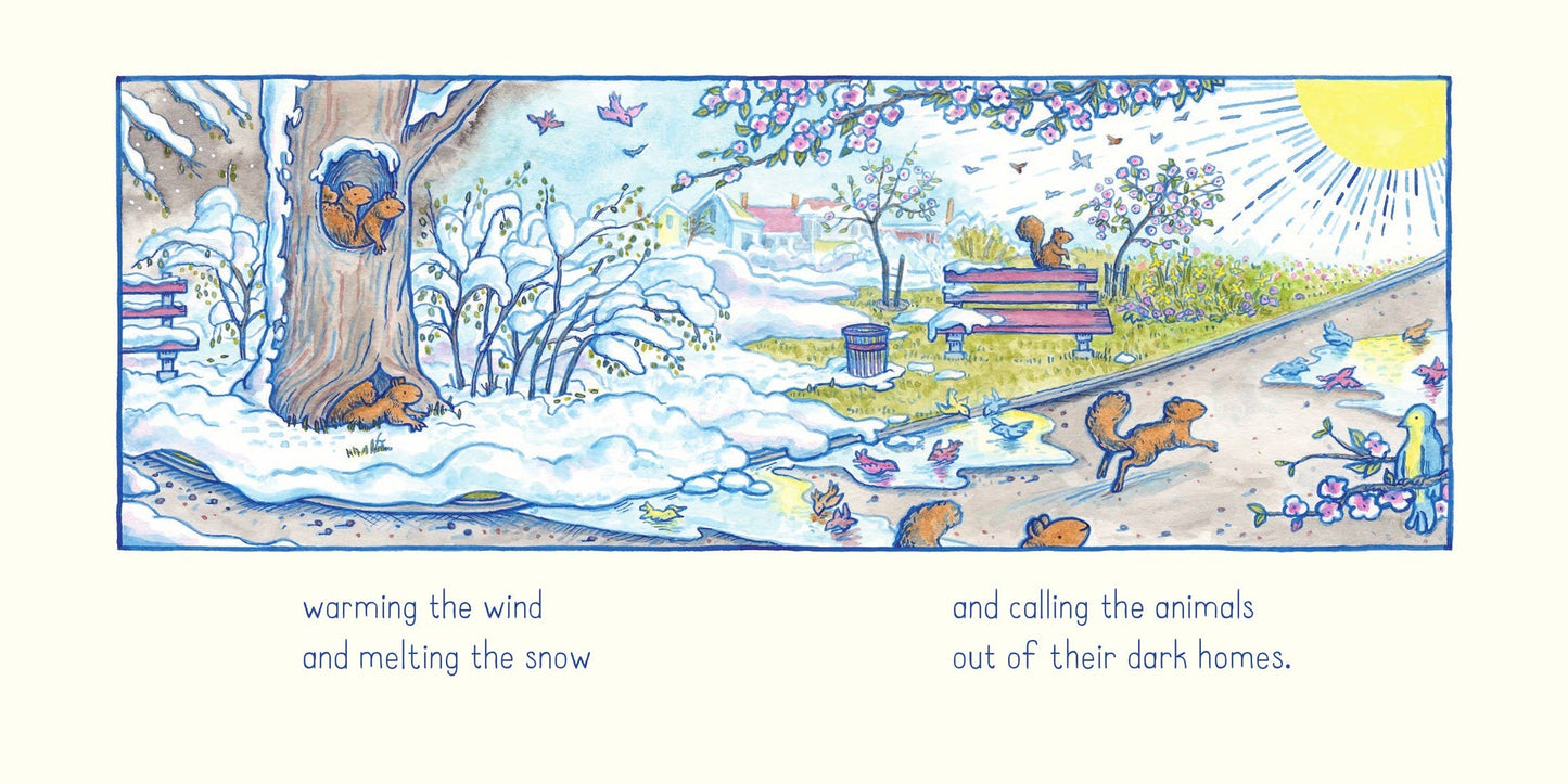 Illustration of a park scene with animals and text about spring weather.