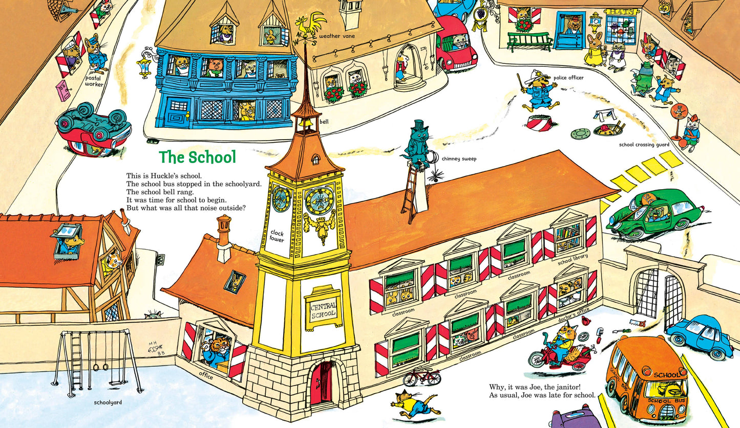 Illustrated school scene with buildings, cars, and children