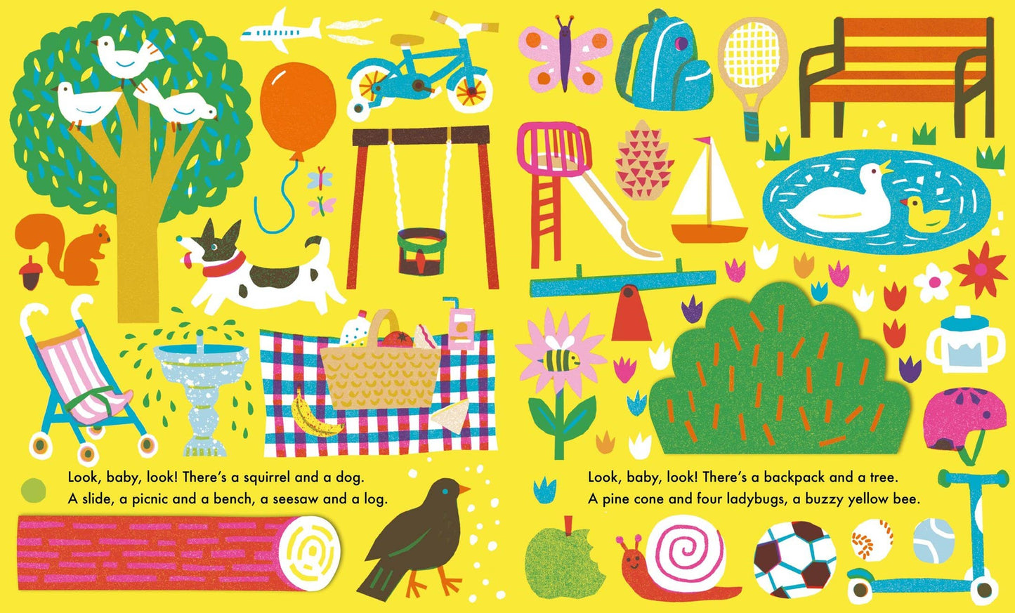 inside page of book with drawings of things at the park