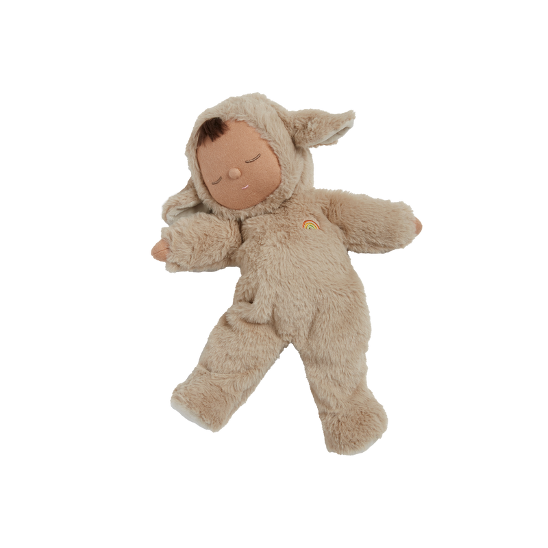 A plush toy sleeping doll wearing a lamb costume in a light brown color, including a hood with ears.