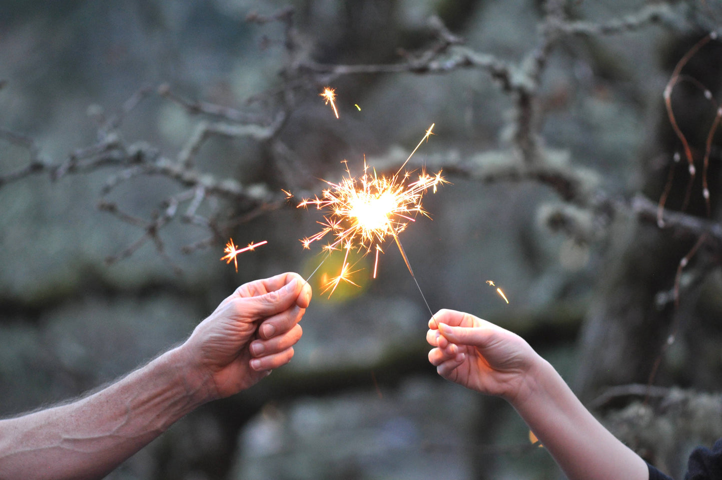 Two hands holding sparklers against a natural background