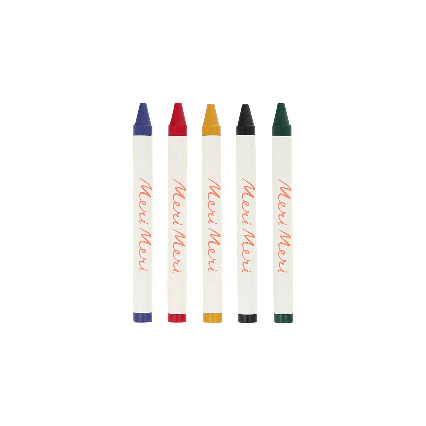 Set of crayons in crimson, ochre, dark green, black and cobalt on a white background